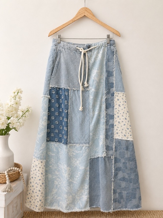 POL Dresses & Skirts - POL Patchwork Denim Maxi Skirt 100% Cotton Boho Size Large